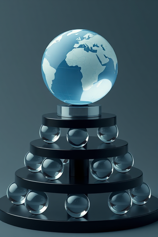 Create a high-resolution 3D render of a globe on top of transparent glass spheres arranged on a sleek black tiered structure, using a Canon EOS R5 camera with a 24mm f/1.4 lens, ISO 100, aperture f/8, and a slight tilt-shift effect to enhance depth.