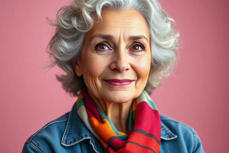 Create a portrait of an elegant older woman with silver curly hair wearing a colorful scarf and denim jacket, captured in soft natural light with a 50mm lens at f/1.8, ISO 100, in a studio setting with a soft pink background.
