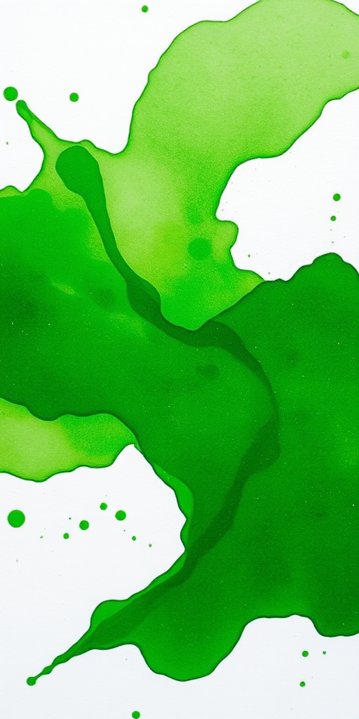 Create a vibrant green watercolor splash with soft edges and a subtle texture, captured with a DSLR camera at f/4 aperture, ISO 100, 50mm lens, in natural light, overhead view, with a shallow depth of field to enhance the background blur.