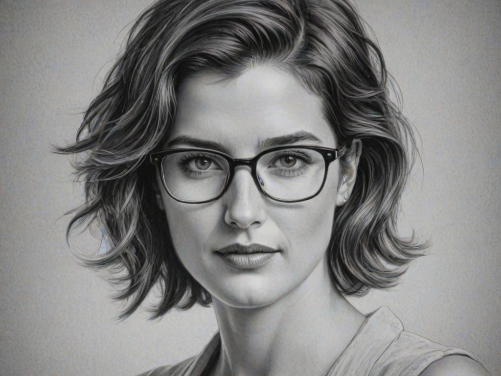 Exquisite Cobie Smulders, pencil sketch, portrait of Wonderful woman 1955s in glasses, hair style beatnik, outline, clear lines, fine lines, 8k