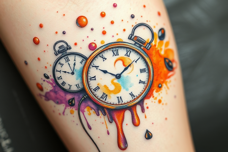 Surrealist watercolor tattoo named "Fluid Imagination" depicting melting clocks and floating objects in a dreamlike landscape with vibrant splashes of orange, purple, and blue