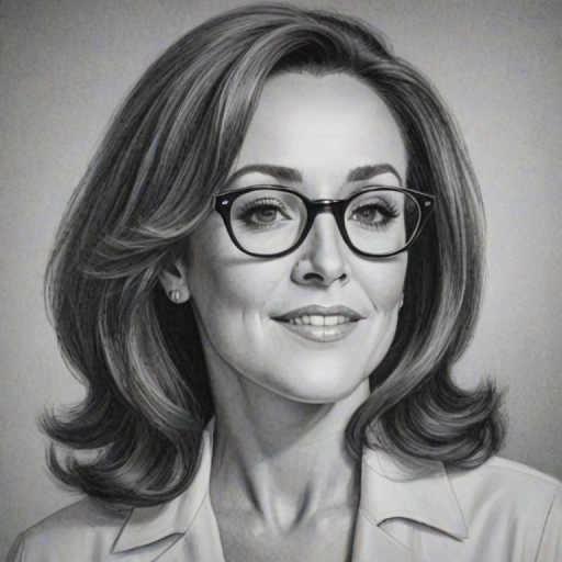 Beauteous Patricia Heaton, pencil sketch, portrait of Graceful woman 1964s in glasses, hair style beatnik, outline, clear lines, fine lines, 8k