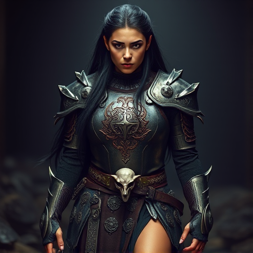 Create a photo of a fierce Sami female warrior with long black hair, wearing an ornate, metallic armor. The armor includes a breastplate with intricate designs, shoulder guards, and gauntlets. The breastplate is decorated with a central emblem, possibly representing a mythical symbol, and has a sculpted, form-fitting design. She wears a belt with a large skull ornament at the center, and her armor extends into a partial skirt, revealing one leg. The overall look is both protective and stylish, with a dark, gothic aesthetic. The background is dimly lit, suggesting a medieval or fantasy setting, enhancing the warrior's imposing presence and intense expression.