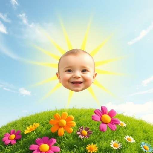 Create an image shows a bright, sun with a smiling baby's face in the center, radiating soft yellow rays. The sun is set against a clear blue sky with a few wispy clouds. Below, there's a lush green grassy hill with colorful, oversized flowers, giving the scene a whimsical, playful atmosphere.
