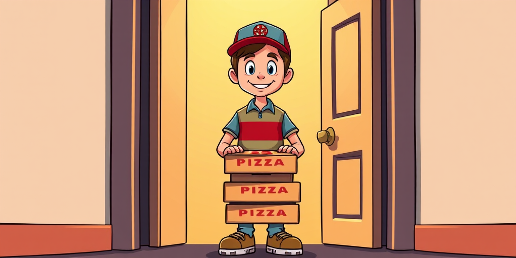 A cartoon illustration of a pizza delivery person with three pizza boxes standing at an open door, interior lighting illuminating the scene, shot with a DSLR camera at f/4 aperture, ISO 200, 50mm lens, front view, vibrant colors, high contrast.