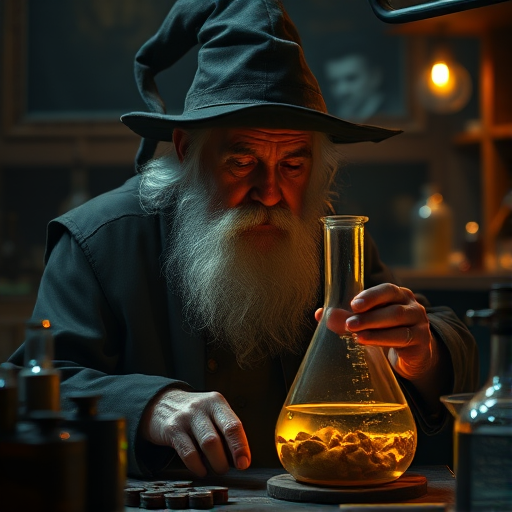 Create a highly detailed image of an elderly wizard in a dimly lit alchemy lab, focused on mixing potion ingredients in a glowing flask, using a Canon EOS R5 camera with a 50mm f/1.2 lens, ISO 200, aperture f/1.2, shutter speed 1/60s, and a shallow depth of field to emphasize the wizard and the potion while softly blurring the background.