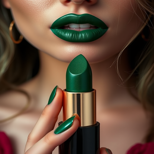 Deep emerald green lipstick "Enchanted Forest" with subtle shimmer and moisturizing core, ideal for editorial looks and daring makeup enthusiasts, comfortable wear