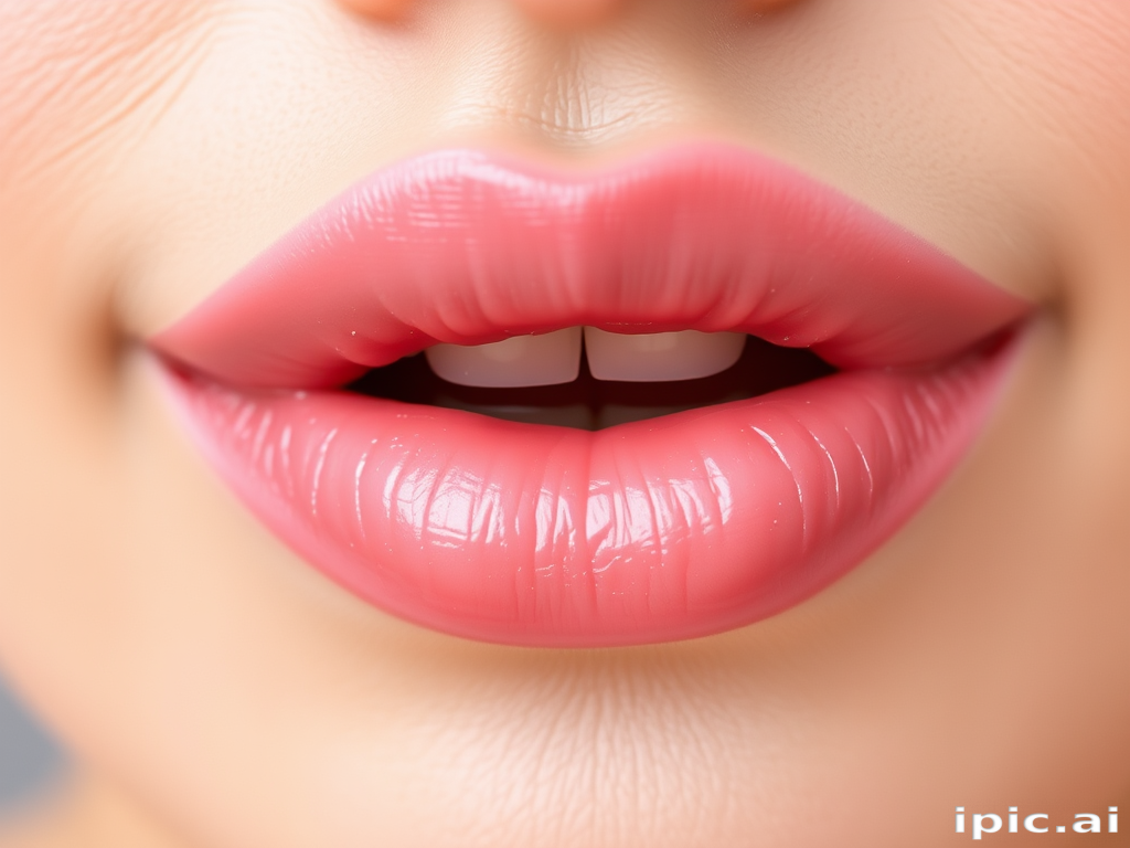 Delicate rose petal lips with a dewy finish, appearing soft and kissable, with a subtle pink hue that complements various skin tones