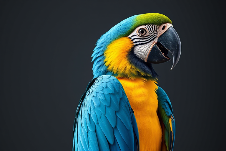 Create a highly detailed vector illustration of a blue and yellow macaw on a solid dark gray background, using a Canon EOS R5 camera, 50mm lens, f/1.8 aperture, ISO 100, 1/200s shutter speed, in natural light, emphasizing textures and vibrant colors.