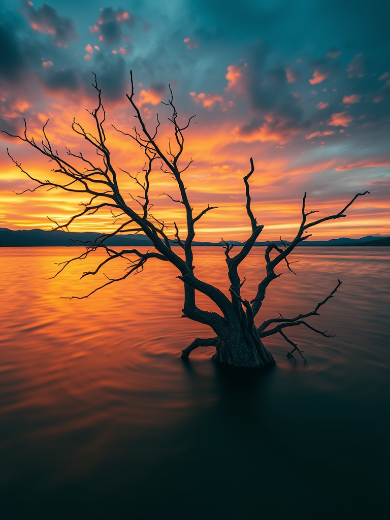 Create a vivid landscape of a solitary dead tree in a serene waterscape during sunset, with a dramatic sky painted in warm oranges and yellows, use a DSLR camera with a 50mm lens, aperture at f/8, ISO 100, shutter speed 1/200s, in landscape orientation, employing a soft focus effect for a dreamy atmosphere.
