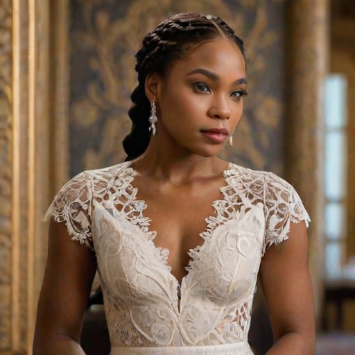 Create a portrait of a refined and elegant African American woman seated in a sophisticated setting. She has long, wavy hair styled in two thick braids that are pulled over her shoulders. She wears a white, lace gown with intricate patterns, featuring a deep V-neckline and short sleeves. The dress exudes a vintage charm with its delicate lacework. She is adorned with ornate, dangling earrings that add a touch of glamour to her appearance. The background is softly lit, with warm, ambient lighting that creates a cozy and inviting atmosphere. Her expression is poised and serene, capturing a sense of grace and elegance.