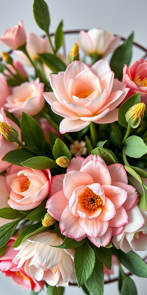 Create a high-resolution floral arrangement featuring soft-colored flowers and lush green leaves in an elegant circular frame, shot with a Canon EOS R5 at f/2.8, ISO 100, with a close-up macro lens from a 45-degree angle for enhanced detail and vibrant colors.