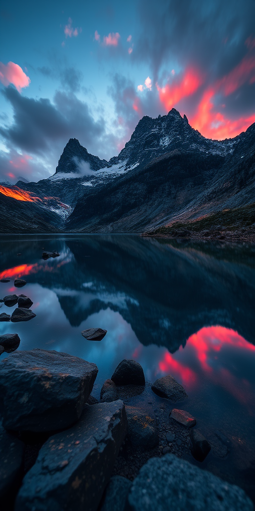 Capture a high-resolution image of a serene mountain landscape during sunset with vibrant colors reflecting on the water, using a Canon EOS R5, 24mm lens, f/8 aperture, ISO 100, 1/125 sec shutter speed, and a wide-angle view for enhanced depth.