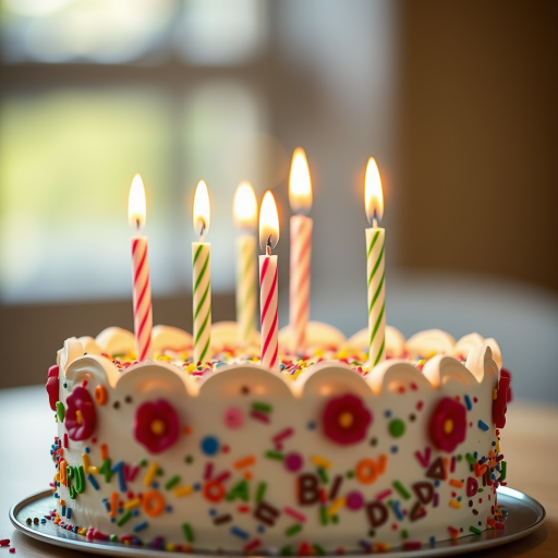Generate a high-resolution image of a decorated birthday cake with five lit candles, soft bokeh background, taken with a DSLR camera, 50mm lens, aperture f/1.8, ISO 200, natural light, focus on the cake with a shallow depth of field.