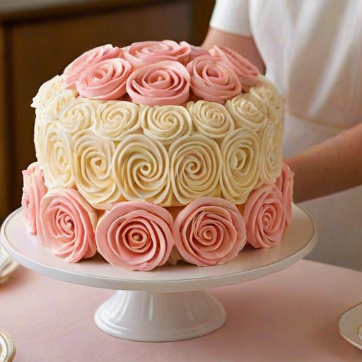 Create an image of a three-tiered cake decorated with beautifully piped buttercream roses in shades of white, peach, and pink. The design should feature intricate rosettes covering each tier, with a smooth, elegant finish, set on a simple cake stand. The background should be soft and neutral to highlight the cake's colors and details.