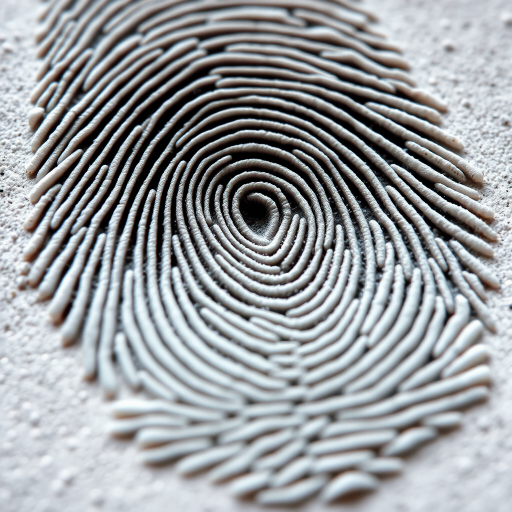 Create a high-resolution image of a fingerprint with detailed ridge patterns, macro lens, f-stop 2.8, ISO 100, 100mm focal length, flat lay perspective, DSLR camera.