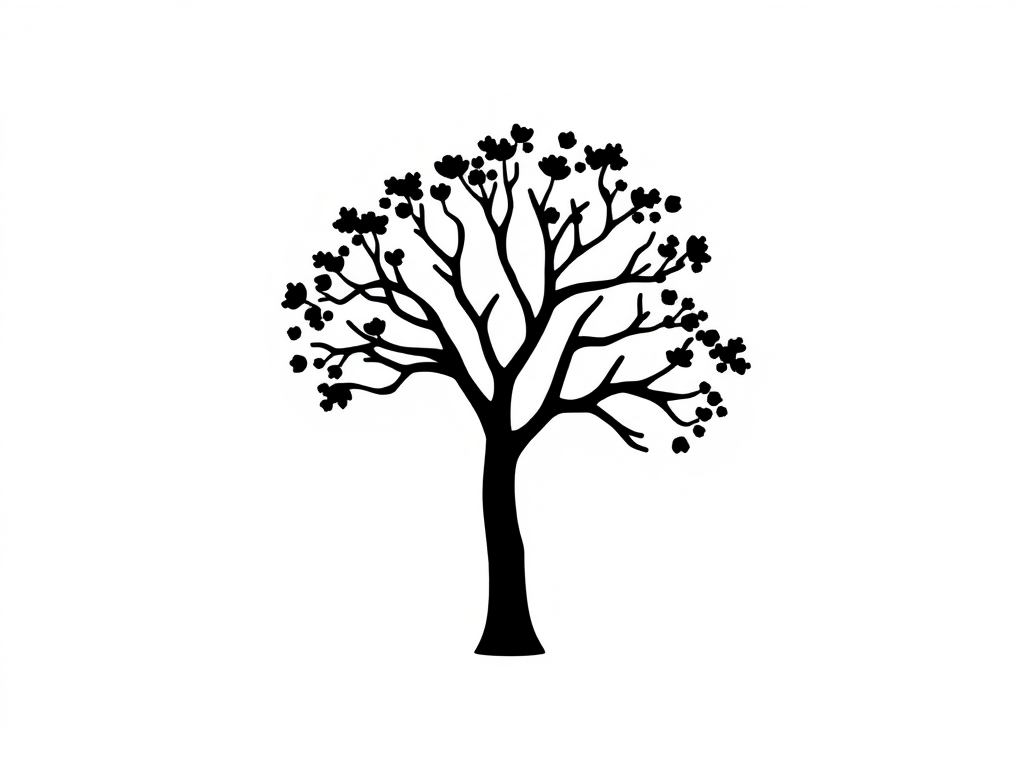 Generate a minimalist black icon of a tree on a white background, using a DSLR camera with 50mm lens, aperture f/2.8, ISO 100, and a shallow depth of field for enhanced clarity and detail.