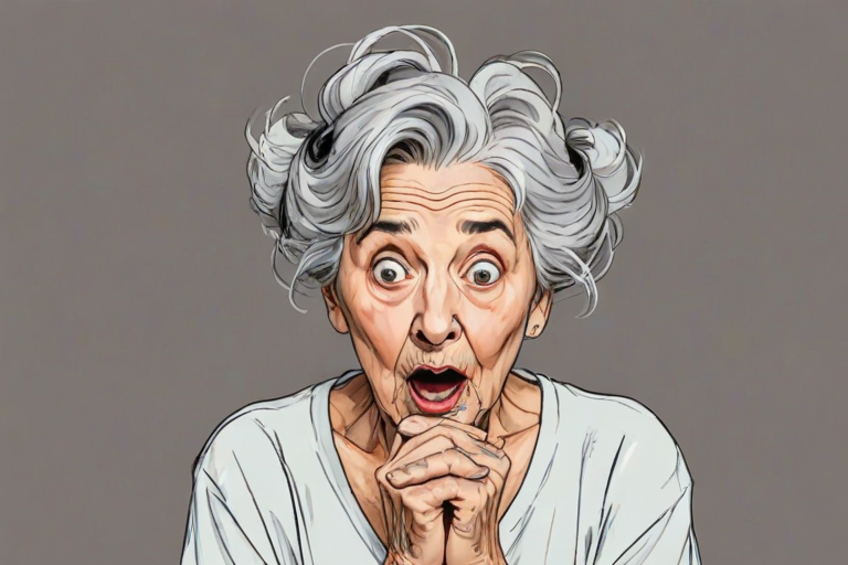 scribbly unfinished sketch, old lady with messy gray hair in a loose bun, surprised expression, mouth open, hands clasped together in front of her chest. Her eyes are wide, eyebrows are furrowed. vibe of shock or surprise.