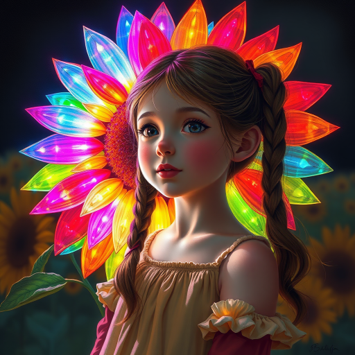 Superfine painterly A pretty girl with pigtails with a giant LED sunflower with multicolored petals that shimmer and shine