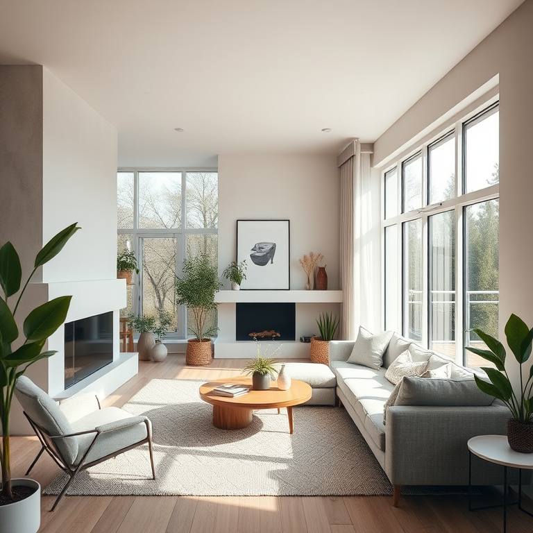 interior of a modern minimalist living room with large windows allowing natural light, neutral color palette, soft textures, and greenery, captured with a Canon EOS R5, 24mm lens, aperture f/2.8, ISO 100, soft focus for a warm ambiance