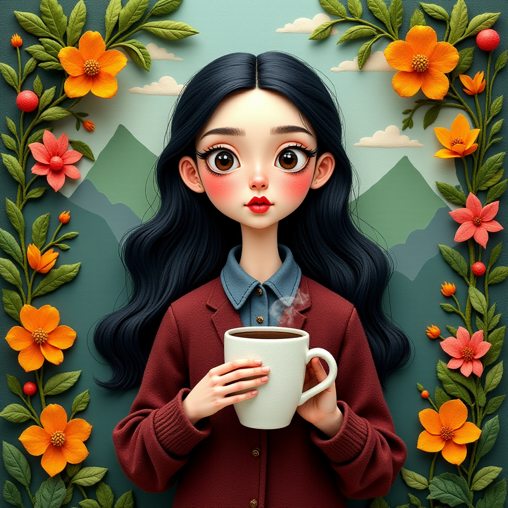 Wednesday Addams holding a steaming coffee mug, depicted in colorful felt textures. The artwork has a serene and tranquil atmosphere, emphasizing the beauty of nature, and evokes a nostalgic and whimsical feeling suitable for children's picture books, greeting cards, and home decor.