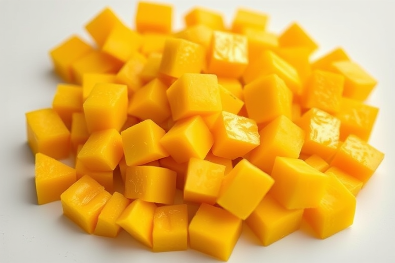 A pile of freshly cut mango cubes on a white background, shot with a Canon EOS R5 at f/2.8, ISO 100, 50mm lens, soft natural lighting, high detail, shallow depth of field.