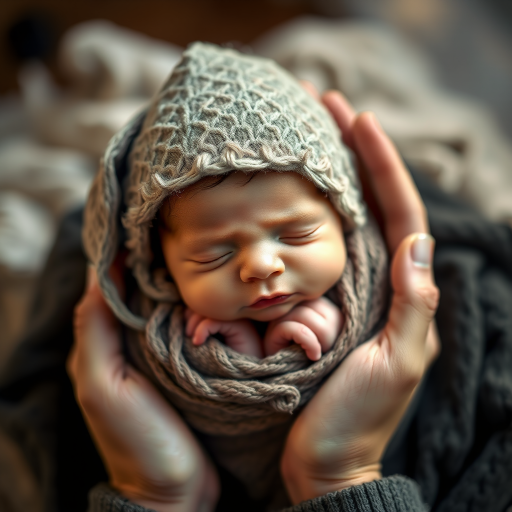 a serene scene of a sleeping baby swaddled in a delicate hat nestled between two hands, softly lit with a warm glow, shot with a Canon EOS 5D Mark IV, ISO 100, f/2.8, 1/200s, 50mm lens, shallow depth of field, soft focus background