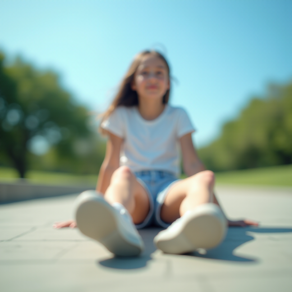 Generate an ultra-realistic, highly detailed, high-definition photograph. It's a photo of a girl sitting on the floor. She's looking at the horizon. The photo is taken from the bottom up, at ground level. The girl's sneakers are in the foreground, in the center of the scene. The girl is wearing light clothes, a t-shirt and short shorts. The sky is blue. Bright environment. The background is a blurred image of a park.