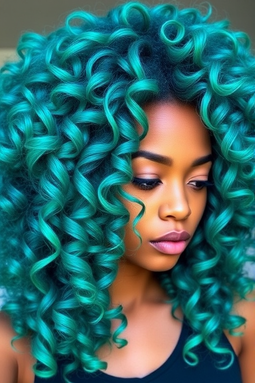 Vibrant teal and turquoise ombre hair in a voluminous curly afro style known as "Ocean's Crown" features springy coils that seem to defy gravity, with subtle hints of sea foam green and deep navy blue highlights interspersed throughout the lush, bouncy curls, creating a dynamic and eye-catching look reminiscent of crashing waves and tropical waters