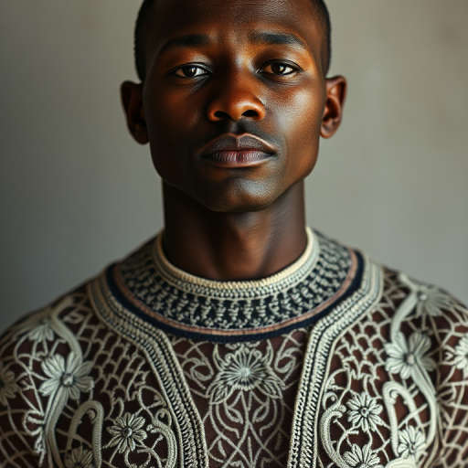 Face, shoulders, chest covered in openwork Cape Verdean embroidery. Raw, unedited image.