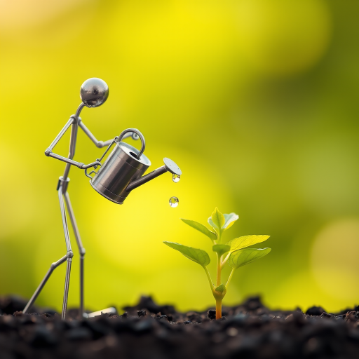 A metal figurine of a person, constructed from thin, silver rods, stands on the left side of the image, facing the viewer. The figurine is holding a small watering can and pouring water onto a young plant, with a few droplets in the air. The plant, with lush green leaves, is situated in the center, growing from dark soil. The background is a soft, out-of-focus blur of green, illuminated by warm, natural light.  The composition creates a sense of depth and intimacy. The image evokes feelings of growth, nurture, and hope.