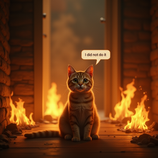 Photorealistic image of an innocent-looking cat sitting calmly in the middle of a burning room. Flames engulf the room, with fire licking up the walls and smoke filling the air. The cat is sitting on the floor, looking directly at the viewer with wide, innocent eyes. Above the cat, a speech bubble says "I did not do it" The contrast between the cat's calm demeanor and the chaos around it creates a humorous and surreal scene.