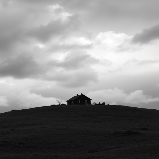 a solitary house on a hill under a moody sky filled with dark clouds, monochrome atmosphere, rural setting, slight overcast lighting