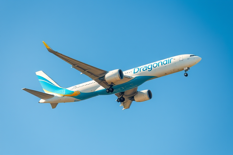 Capture a high-resolution image of a Dragonair airplane in mid-flight, using a DSLR camera with a 50mm lens at f/4 aperture, ISO 100, shutter speed 1/1000s, from a low-angle view against a clear blue sky to enhance image quality and detail.