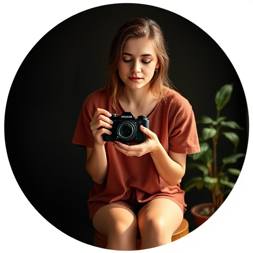 create a vintage-style portrait of a woman holding a vintage film camera while sitting on a stool, with a dark background and a plant, using a DSLR camera with a 50mm lens, aperture f/1.8, ISO 200, shooting in natural light for soft shadows and enhanced color depth