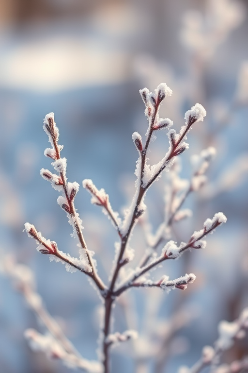 capture a close-up of delicate frost-covered twigs in a soft winter landscape with a shallow depth of field, use a DSLR camera, 50mm lens, aperture f/1.8, ISO 100, shutter speed 1/200 sec, with natural light to enhance image quality