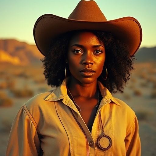 Dramatic photo of a beautiful Afro-Caribbean woman, classic cowboy attire, confident and free spirit expression, half-length portrait, centered, golden hour desert landscape, warm, diffused light, low angle, medium format film camera, in style of Annie Leibovitz.