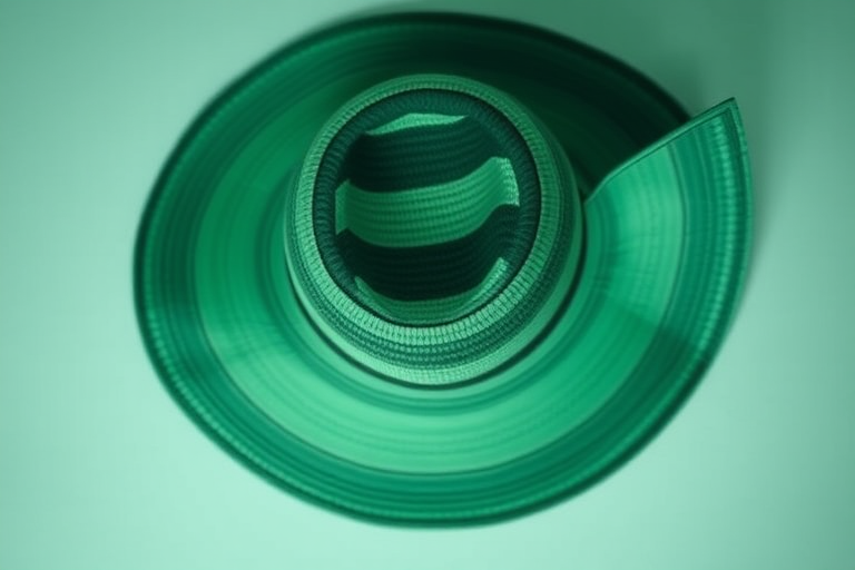 Regenerate a high-quality image of a wide-brimmed striped hat with a green and black color scheme, using a DSLR camera, aperture f/2.8, shutter speed 1/200s, ISO 100, top view, studio lighting, and a soft focus background.