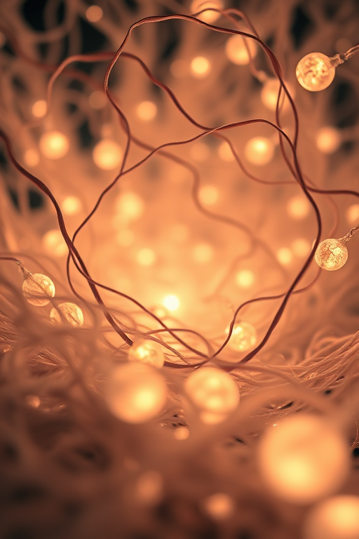 regenerate an abstract image of wavy strands intertwined with glowing orbs resembling a textured landscape, captured with a Canon EOS R5, 50mm f/1.2 lens, aperture f/2.8, ISO 100, shot from a low angle perspective with soft lighting for enhanced depth and detail