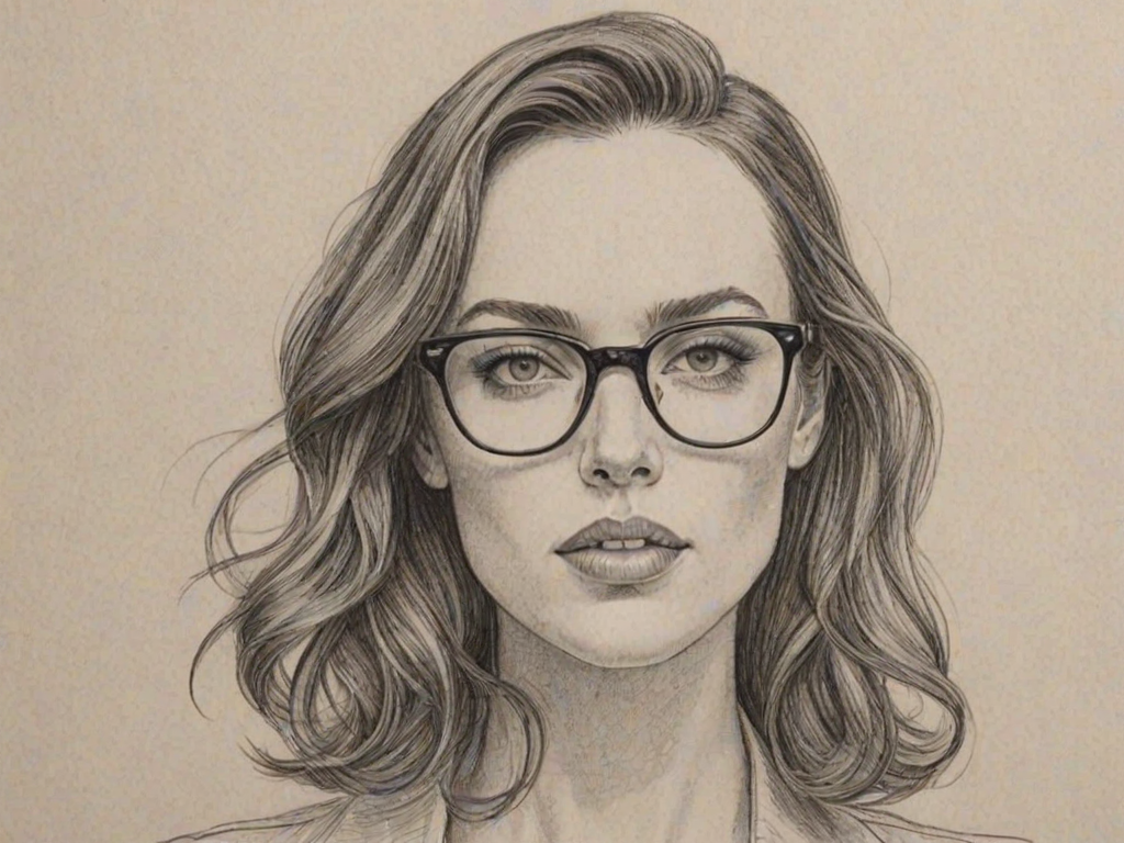 Captivating Jessica McNamee, pencil sketch, portrait of Fetching woman 1942s in glasses, hair style beatnik, outline, clear lines, fine lines, 8k