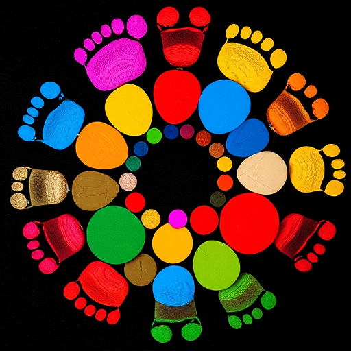 Create an image of colorful, circular patterns in the shape of human footprints on a black background with a DSLR camera, 50mm lens, f/1.8 aperture, ISO 200, shot from a top-down view using macro photography style to enhance detail and vibrancy.