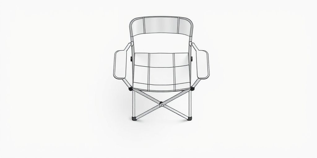 Create a high-resolution technical illustration of a folding chair from a top-down view, ensuring clear lines and detailed features, captured using a DSLR camera with a 50mm lens, aperture set to f/8, ISO 200, and lighting adjusted for a well-lit environment.