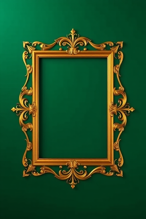 Create a golden ornate frame on a deep green background with a smooth gradient, using a Canon EOS R5 camera, 50mm lens, f/1.8 aperture, 1/60 shutter speed, and ISO 100 for high detail and clarity.
