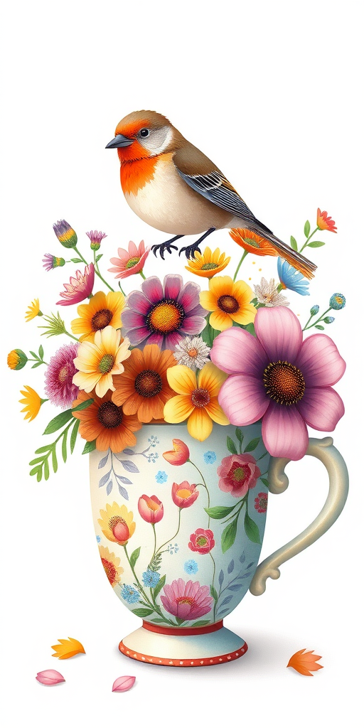 Create a vibrant illustration of a decorative cup filled with colorful flowers and a small bird perched on top, in a whimsical style, using a high-resolution digital camera, 50mm lens, f/2.8 aperture, ISO 100, natural light, focused on the cup and flowers.