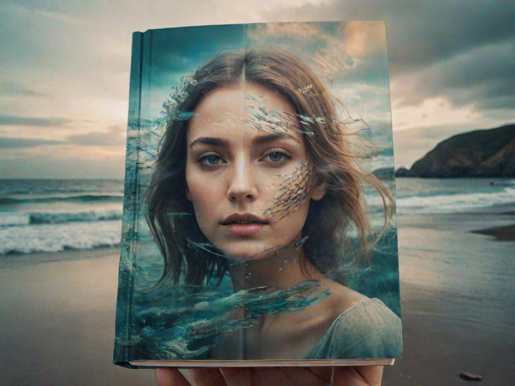 imagine Book cover, A surreal double exposure portrait that blends a woman's face with a beautiful seascape. The overall mood is dreamy and mystical, with rich colors and intricate details