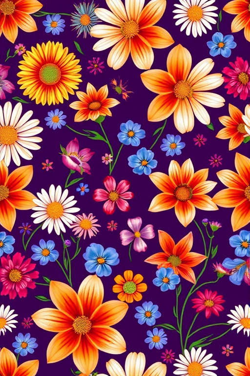 Create a vibrant floral pattern with a dark purple background featuring a variety of flowers including daisies, orange lilies, and blue blossoms, captured with a DSLR camera at f/4, ISO 100, 1/250s, using a close-up lens with a shallow depth of field for enhanced texture.