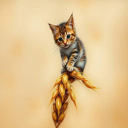 Soft, muted Alcohol Ink with ebru effect background image of tiny whimsical cat, who climbed high on the top of a golden rye ear.