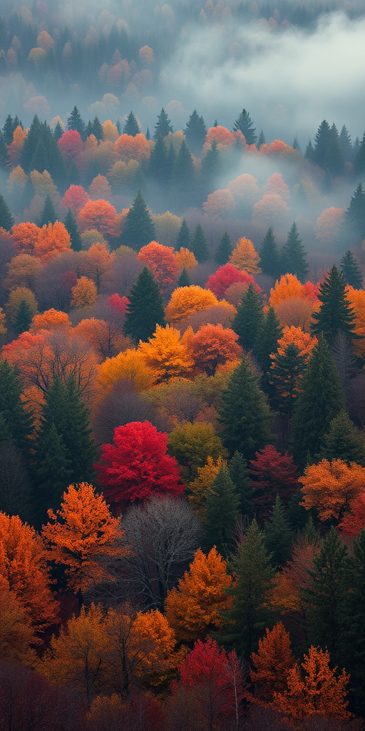 capture a dense forest during early morning fog with vibrant autumn colors and soft light, using a wide-angle lens at f/8, ISO 200, shutter speed 1/125 seconds, shot from a high vantage point with a DSLR camera