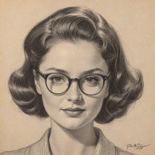 Delightful Emma Kenney, pencil sketch, portrait of Bewitching woman 1956s in glasses, hair style beatnik, outline, clear lines, fine lines, 8k