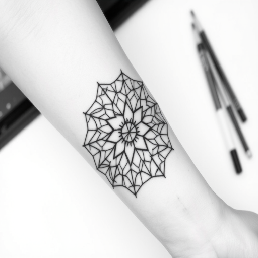 Minimalist blackwork tattoo called "Geometric Harmony" composed of precise, interconnected geometric shapes forming a mandala-like pattern, using varying line weights to create depth and dimension, with negative space incorporated to enhance the overall design, ideal for forearm or chest placement
